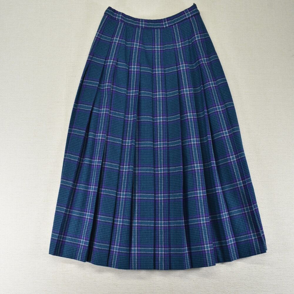 Vtg Pendleton Skirt Womens 8 Purple Teal Plaid Pleated Wool Midi USA High Waist